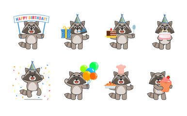 Set of cute raccoon characters showing various birthday party actions. Cheerful raccoon holding gift box, cake, balloons, banner, cupcake and other situations. Vector illustration bundle