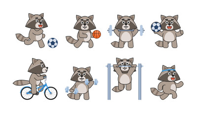Set of raccoon characters doing various sports. Cute raccoon mascot playing football, basketball, riding bike, running and showing other actions. Vector illustration bundle © paper_owl
