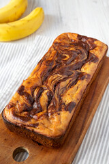 Homemade Chocolate Banana Bread, side view.