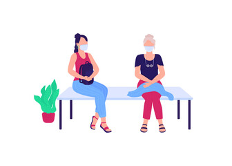 Patients in medical masks sitting on bench flat color vector faceless characters. Waiting for hospital appointment isolated cartoon illustration for web graphic design and animation