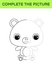 Complete drawn picture of cute bear. Coloring book. Dot copy game. Handwriting practice, drawing skills training. Education developing printable worksheet. Activity page. Vector illustration.