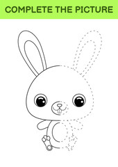 Complete drawn picture of cute rabbit. Coloring book. Dot copy game. Handwriting practice, drawing skills training. Education developing printable worksheet. Activity page. Vector illustration.
