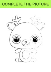 Complete drawn picture of cute deer. Coloring book. Dot copy game. Handwriting practice, drawing skills training. Education developing printable worksheet. Activity page. Vector illustration.
