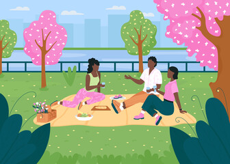 African american friend group on picnic flat color vector illustration. People chat while sitting on blanket. Spring outdoor recreation. Women and man 2D cartoon characters with skyline on background