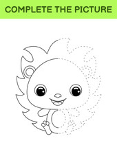 Complete drawn picture of cute hedgehog. Coloring book. Dot copy game. Handwriting practice, drawing skills training. Education developing printable worksheet. Activity page. Vector illustration.