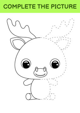 Complete drawn picture of cute moose. Coloring book. Dot copy game. Handwriting practice, drawing skills training. Education developing printable worksheet. Activity page. Vector illustration.