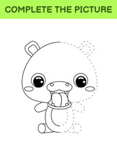 Complete drawn picture of cute hippo. Coloring book. Dot copy game. Handwriting practice, drawing skills training. Education developing printable worksheet. Activity page. Vector illustration.