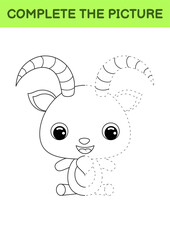Complete drawn picture of cute goat. Coloring book. Dot copy game. Handwriting practice, drawing skills training. Education developing printable worksheet. Activity page. Vector illustration.