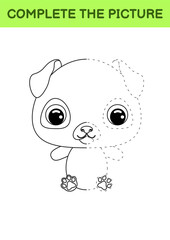 Complete drawn picture of cute pug dog. Coloring book. Dot copy game. Handwriting practice, drawing skills training. Education developing printable worksheet. Activity page. Vector illustration.