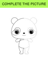 Complete drawn picture of cute panda. Coloring book. Dot copy game. Handwriting practice, drawing skills training. Education developing printable worksheet. Activity page. Vector illustration.