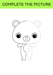 Complete drawn picture of cute bear. Coloring book. Dot copy game. Handwriting practice, drawing skills training. Education developing printable worksheet. Activity page. Vector illustration.
