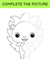 Complete drawn picture of cute hedgehog. Coloring book. Dot copy game. Handwriting practice, drawing skills training. Education developing printable worksheet. Activity page. Vector illustration.
