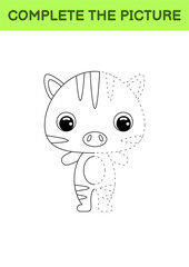 Complete drawn picture of cute zebra. Coloring book. Dot copy game. Handwriting practice, drawing skills training. Education developing printable worksheet. Activity page. Vector illustration.