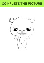 Complete drawn picture of cute hamster. Coloring book. Dot copy game. Handwriting practice, drawing skills training. Education developing printable worksheet. Activity page. Vector illustration.