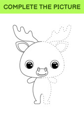 Complete drawn picture of cute moose. Coloring book. Dot copy game. Handwriting practice, drawing skills training. Education developing printable worksheet. Activity page. Vector illustration.