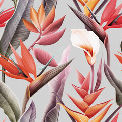 Colourful Seamless Pattern with tropic flowers and leaves. - 414395391