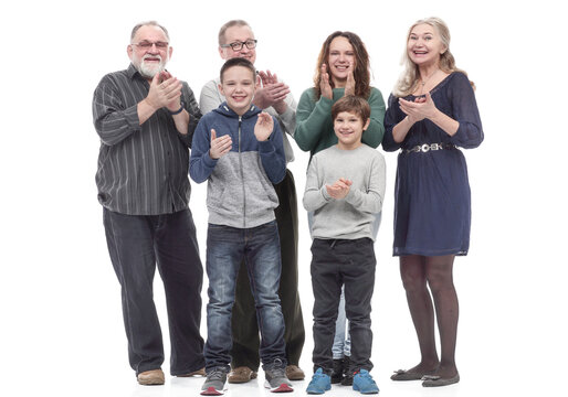 In Full Growth. Happy Family Applauding Together.