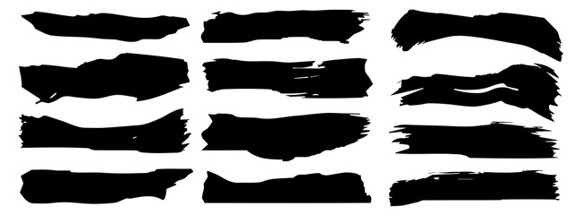 Vector collection of artistic grungy black paint hand made creative brush stroke set isolated on banner background. A group of abstract grunge sketches for design education or graphic art decoration