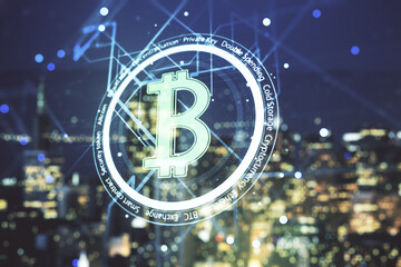 Virtual Bitcoin hologram on blurry skyline background. Multiexposure