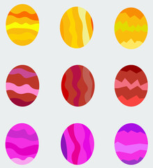 Multicolored Easter eggs with patterns. Red, yellow, pink. Happy Easter!