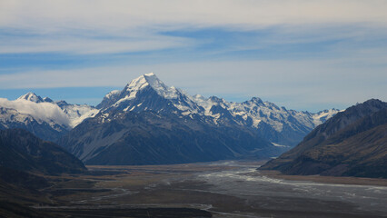 Mount Cook and other mountains of New Zealand in summer.