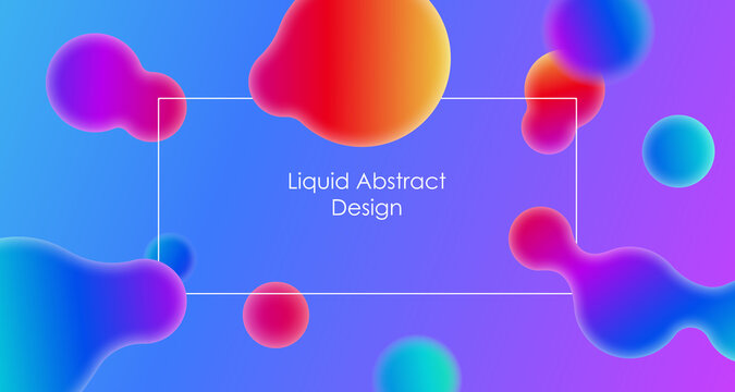 Beautiful abstract blue background with gradient rainbow blob, fluid, liquid, like lava lamp with white frame, border. Vector illustration for card, design, flyer, poster, banner, web, advertising. 