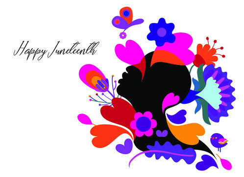 Vector illustration on Happy Juneteenth in abstract colorful floral designs and a black woman on a white isolated background