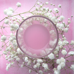 Decorative composition in a monocolor pink shade of a drink in a transparent glass and gypsophila on a watercolor background. © Юлия Глазкова