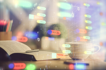 Multi exposure of technology theme drawing and desktop with coffee and items on table background. Concept of data research.