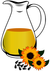 Glass jug of sunflower oil with sunflowers and seeds. Stock vector illustration.