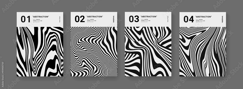 Poster minimal abstract optical illusion stripped posters set. modern pattern futuristic design. cool monoc