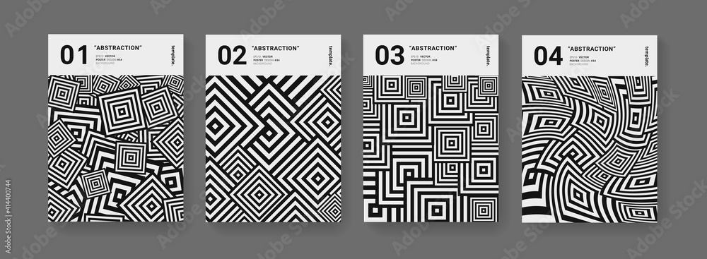 Poster Minimal abstract geometric posters set. Optical illusion Pattern with squares vector design. Cool monochrome minimalistic templates for Cover, Brochure, Placard and Banner.