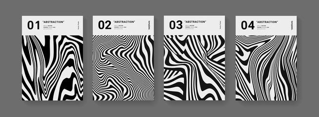 Minimal abstract optical illusion stripped posters set. Modern Pattern futuristic design. Cool monochrome minimalistic templates for Cover, Brochure, Placard and Banner.