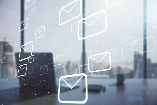 Creative abstract postal envelopes hologram and modern desktop with pc on background, email and notification concept. Multiexposure