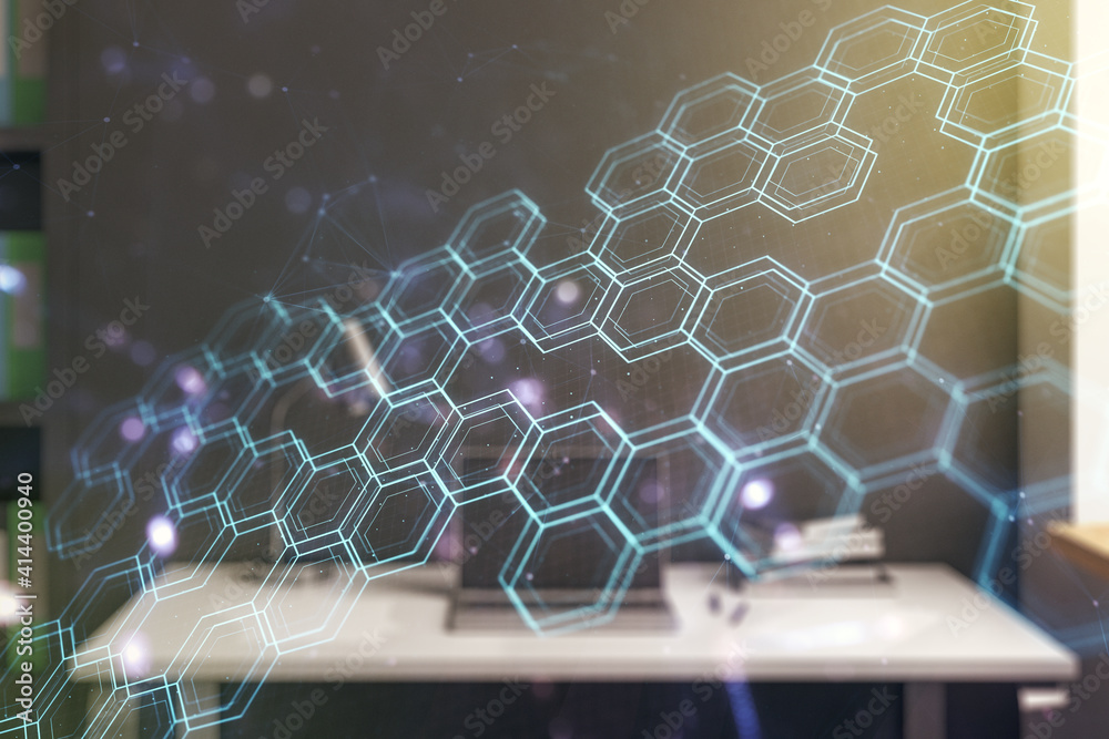 Poster Double exposure of technology hologram with hexagon and modern desktop with laptop on background. Research and development software concept
