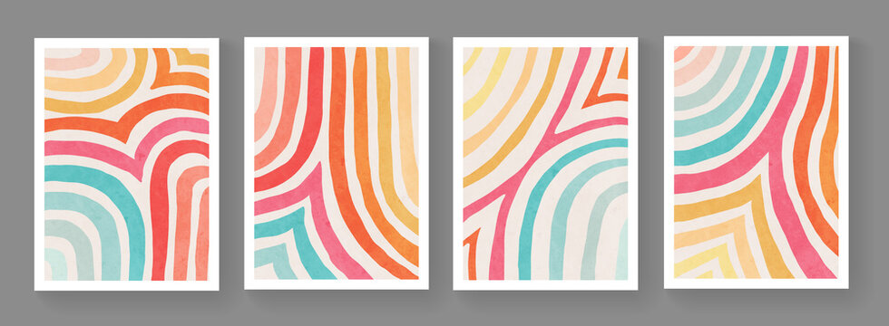 Set of minimalist hand painted posters. Mid century modern illustration. Colorful stripes artwork. Abstract cover design. Contemporary art.