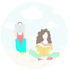 Girlі reading book sitting round art design element object isolated stock vector illustration for web, for print
