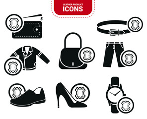 Vector image. Leather objects icons. Icon of men's and women's shoe, a bag, a belt, a jacket, a pants, a watch strap and a leather wallet.