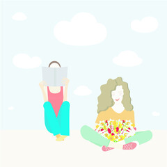 Girl reading book flowers sitting art design element object isolated stock vector illustration for web, for print
