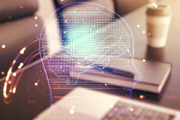 Double exposure of creative human head microcircuit with computer on background. Future technology...