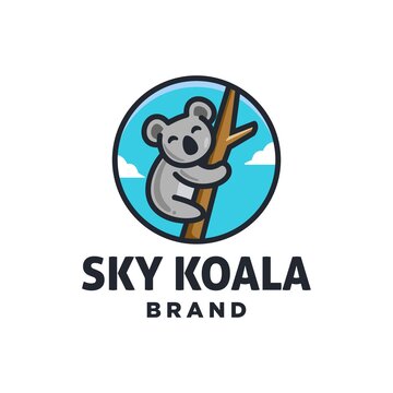 sleeping cute koala logo design vector design icon, koala sleeping on a tree Illustration design with cloud and blue sky background.