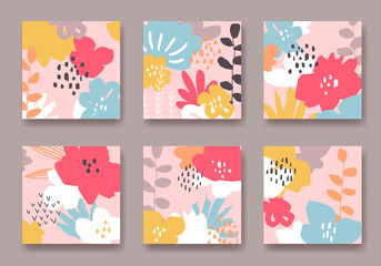 Fototapeta na wymiar Set of six vector square backgrounds with abstract flowers ornament