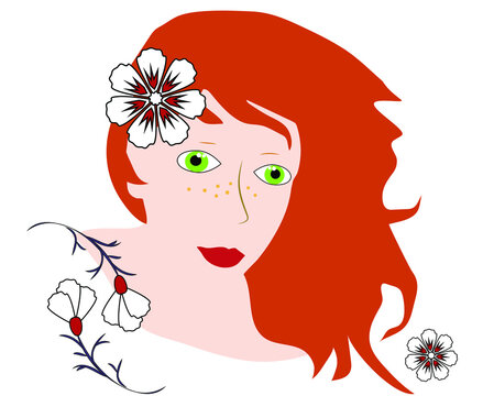 Portrait Of A Girl With Green Eyes And Red Hair On A White Background