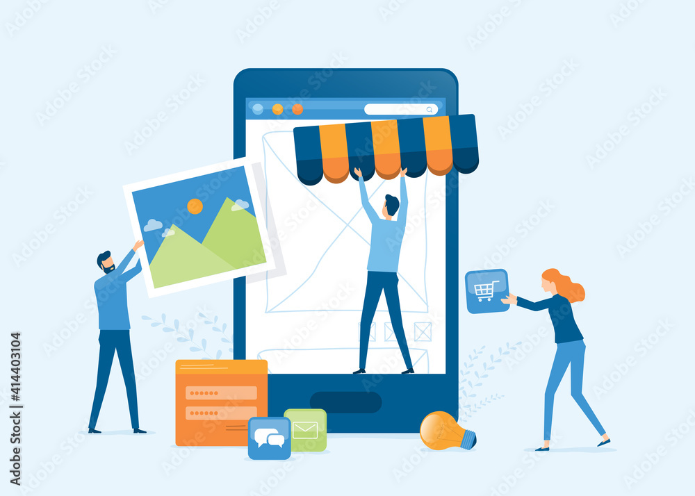 Poster vector illustration design developer and designer team create online shop on mobile phone concept