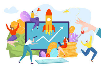 Startup an innovative project, teamwork employees, concept creative idea, business technology, cartoon style vector illustration. Tiny men and women, successful marketing management, company leader.