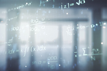 Abstract scientific formula hologram on empty classroom background. Multiexposure