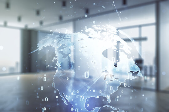 Multi exposure of abstract graphic coding sketch and world map on a modern furnished classroom background, big data and networking concept