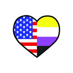 Vector illustration of the heart filled with the United States of America flag and the Non-binary pride flag on white background.