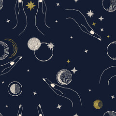 seamless pattern with moon phases, stars and hands - 414404534