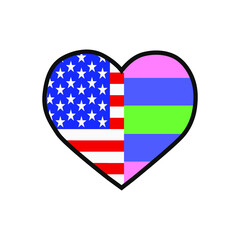 Vector illustration of the heart filled with the United States of America flag and the Trigender pride flag on white background.